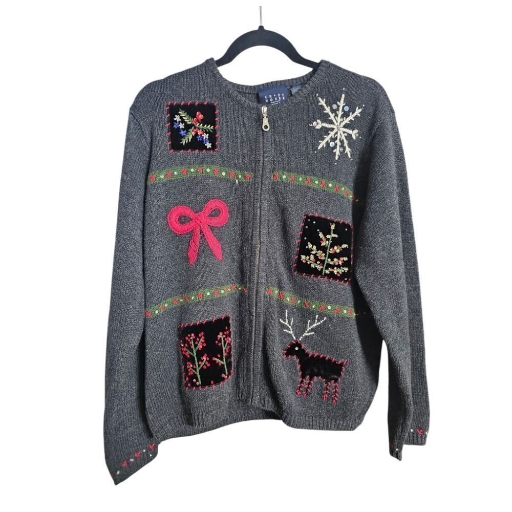 CRAZY HORSE BY LIZ‎ CLAIBORNE Gray Christmas Zip-Up Cardigan - Size Large